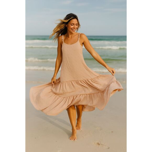 Boho Pink Cream Sleeveless Chenille Embellished Maxi Dress - Picture 1 of 8